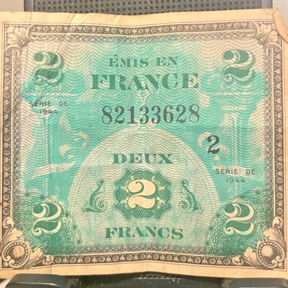 Two 1944 WW2 Sue Military Currency France 2 FRANCS World War II# 205488589517